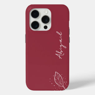 Maroon Red, White Name, Minimalist Leaf and Dots iPhone 15 Pro Case