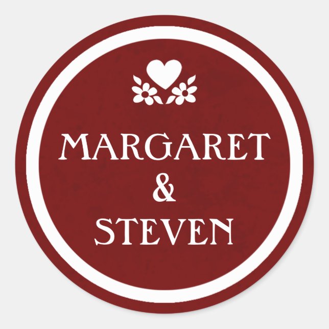 Maroon Red & White Wedding Circle Name Sticker (Front)
