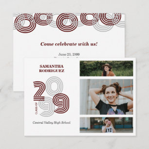 Maroon Retro Big Numbers 3-Photo Graduation Invitation