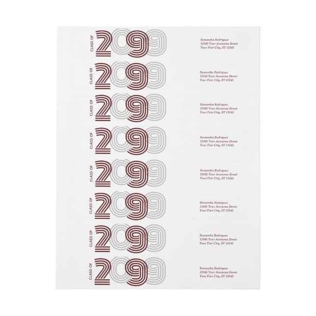 Maroon Retro Big Numbers Class of Wrap Around Label (Sheet)