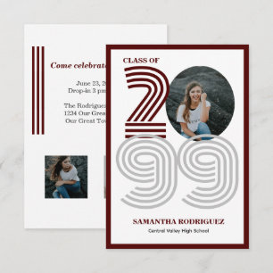 Maroon Retro Big Numbers Graduation Photo Invitation