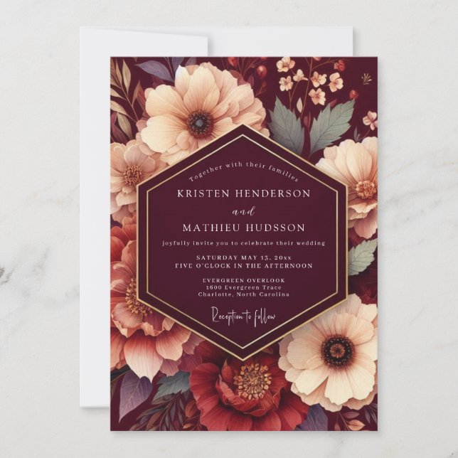 Maroon Rich Floral Wedding Invitation (Front)