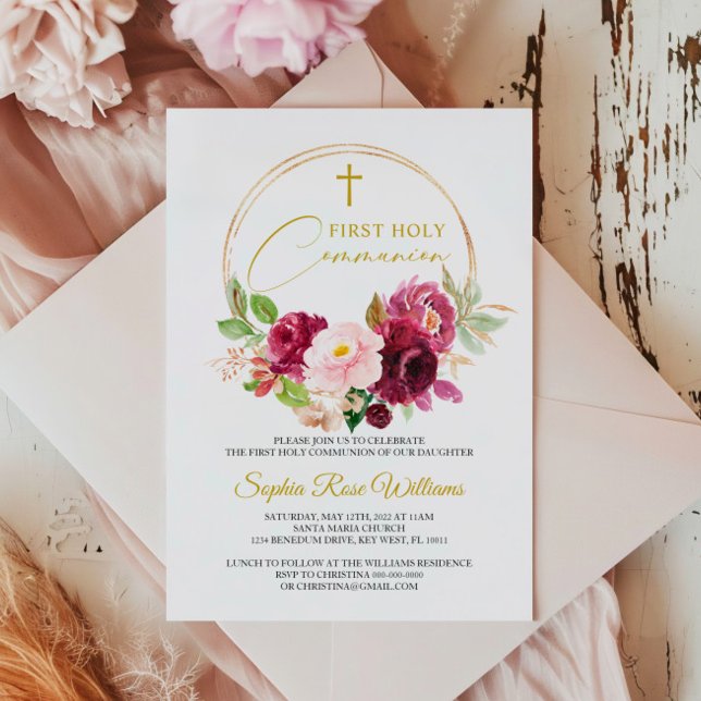 Maroon Rose Floral First Holy Communion  Invitation (Creator Uploaded)