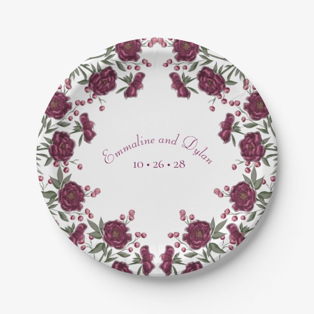 Maroon Rose Wedding Paper Plate (Front)