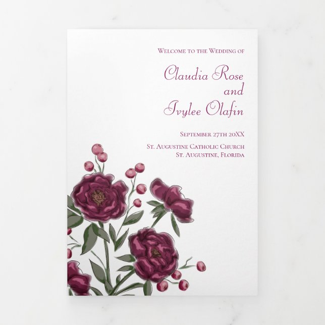 Maroon Rose Wedding Programs Tri-Fold Programme (Cover)