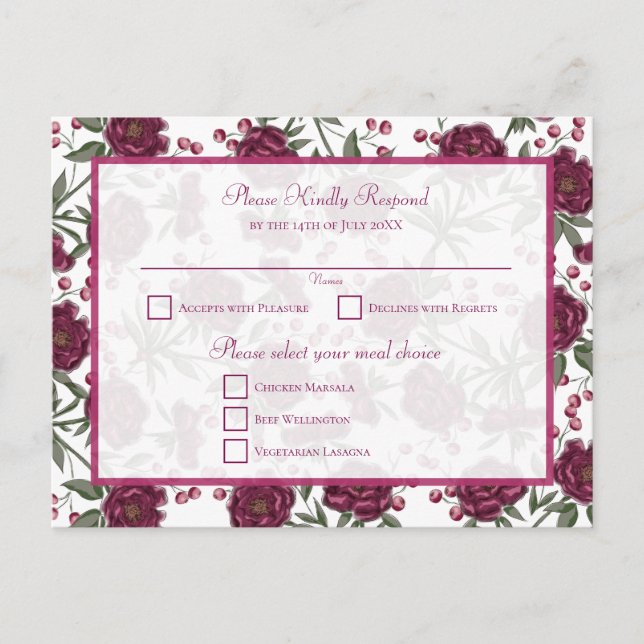 Maroon Rose Wedding RSVP Holiday Postcard (Front)