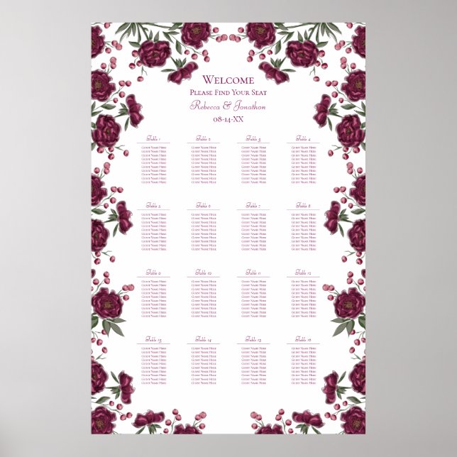 Maroon Rose Wedding Seating Chart (Front)