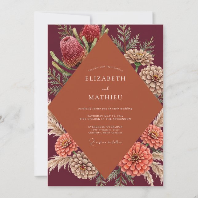Maroon Rust Protea Eucalyptus Wedding Invitation (Front)