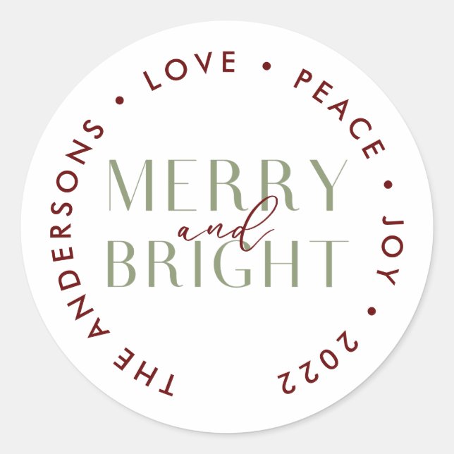 Maroon Sage Merry and Bright Christmas Family Classic Round Sticker (Front)