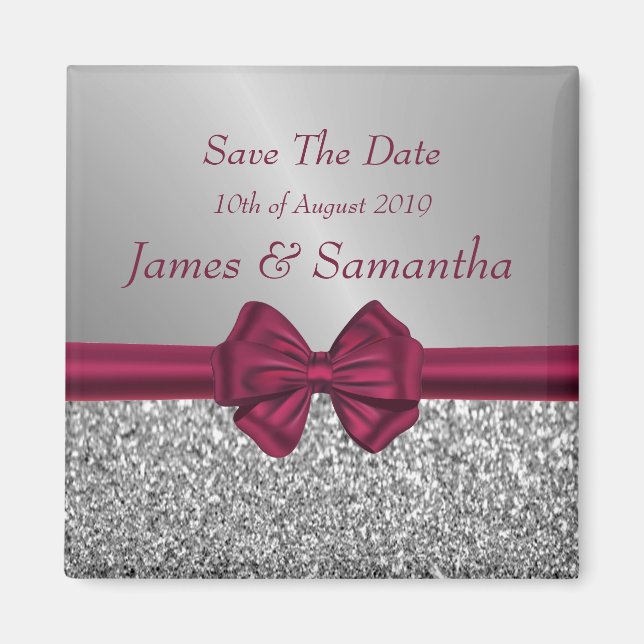 Maroon Satin Bow & Silver  – Save The Date Magnet (Front)