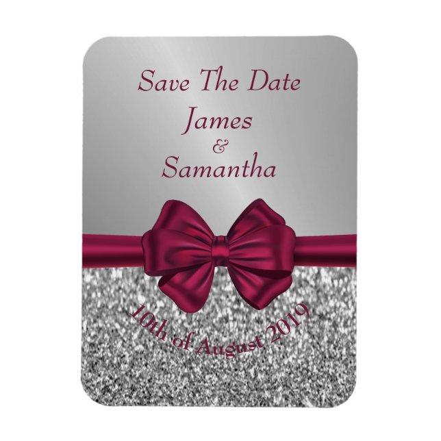 Maroon Satin Bow & Silver  – Save The Date Magnet (Vertical)