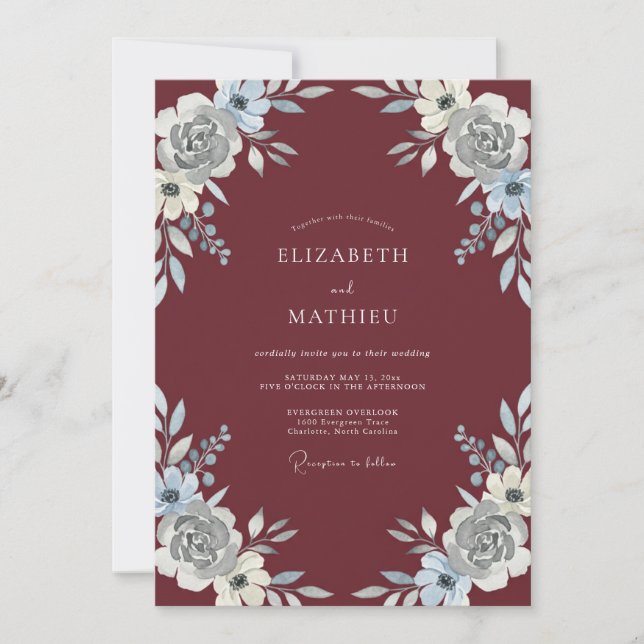 Maroon Silver Painted Wedding Invitation (Front)