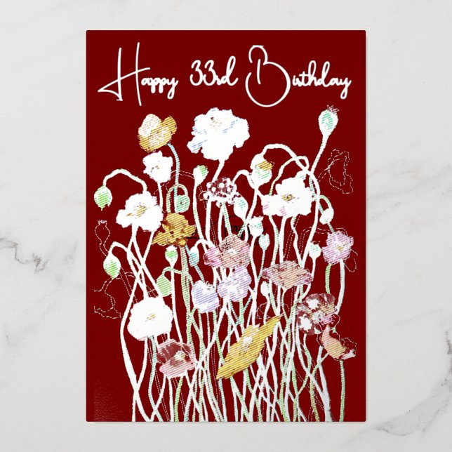 Maroon & Silver Poppy Watercolor Aged Birthday Foil Holiday Card (Front)