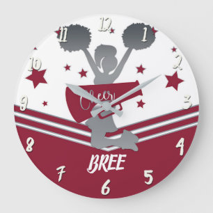 Maroon Silver Stars Cheer Cheer-leading Girls Large Clock