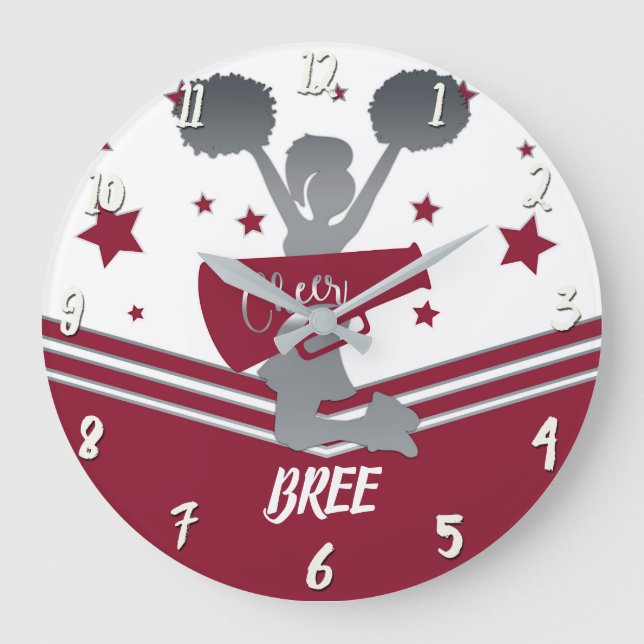 Maroon Silver Stars Cheer Cheer-leading Girls Large Clock (Front)