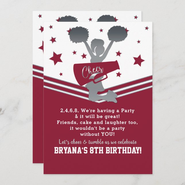 Maroon & Silver Stars Cheer Cheer-leading Party Invitation (Front/Back)