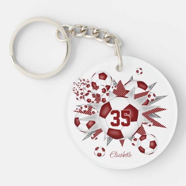 Maroon soccer ball blowout girls jersey number key ring (Front)