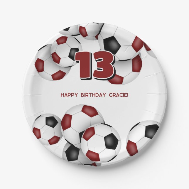 maroon soccer balls kids sports birthday party paper plate (Front)