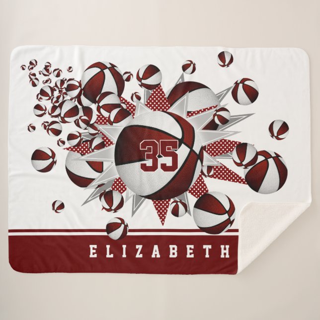 maroon sports room girls basketballs stars sherpa blanket (Front (Horizontal))