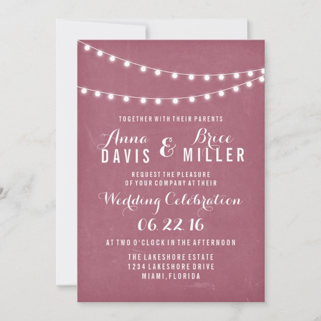 Maroon Summer String Light Wedding Invites (Front)