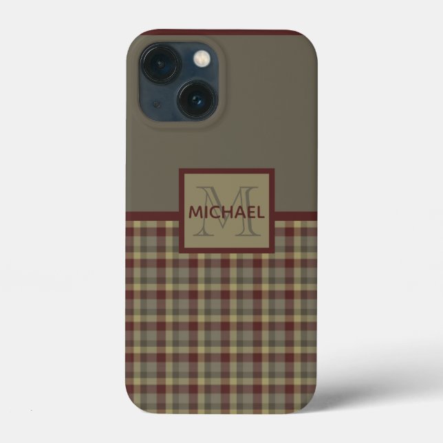 Maroon, Tan And Grey Plaid Monogrammed  Case-Mate iPhone Case (Back)