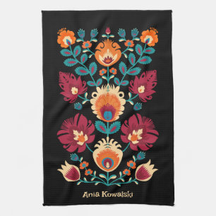 Maroon, teal and pastel yellow Folk Wycinanki Tea Towel