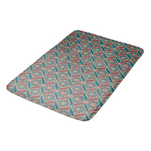 Maroon, Teal Ethnic Pattern, Flowers, Chevrons Bath Mat