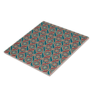 Maroon, Teal Ethnic Pattern, Flowers, Chevrons Ceramic Tile