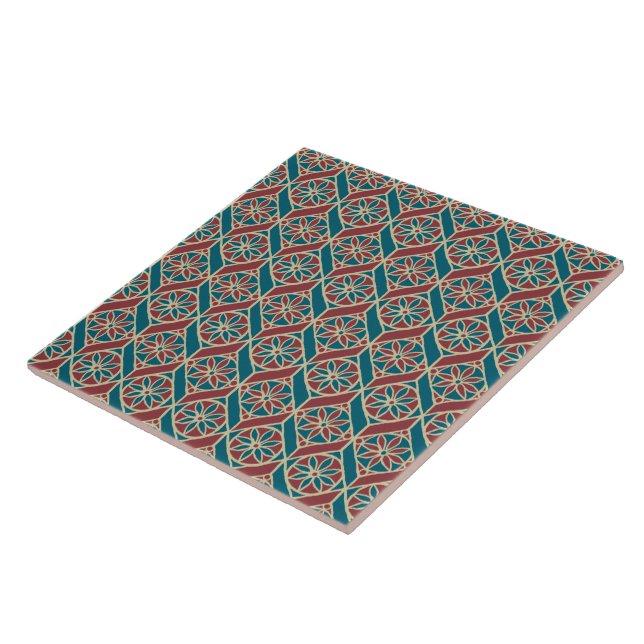 Maroon, Teal Ethnic Pattern, Flowers, Chevrons Ceramic Tile (Side)