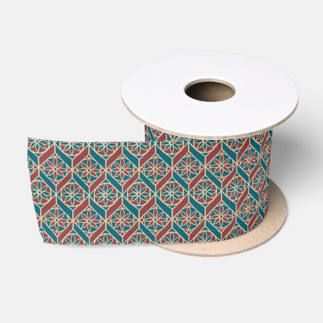 Maroon, Teal Ethnic Pattern, Flowers, Chevrons Satin Ribbon (Spool)