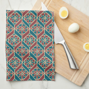 Maroon, Teal Ethnic Pattern, Flowers, Chevrons Tea Towel