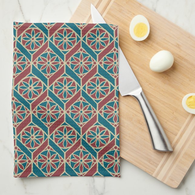 Maroon, Teal Ethnic Pattern, Flowers, Chevrons Tea Towel (Quarter Fold)