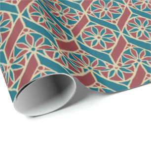 Maroon, Teal Ethnic Pattern, Flowers, Chevrons Wrapping Paper