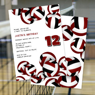 maroon team colors volleyballs boys girls birthday invitation