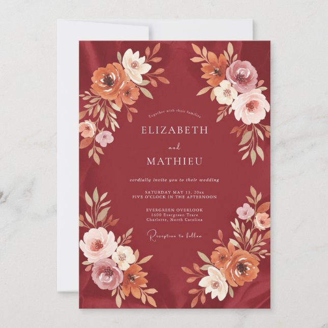 Maroon Terracotta Blossom Wedding Invitation (Front)