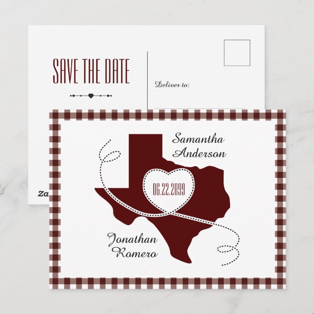 Maroon Texas Curling Ribbon Save the Date Postcard (Front/Back)