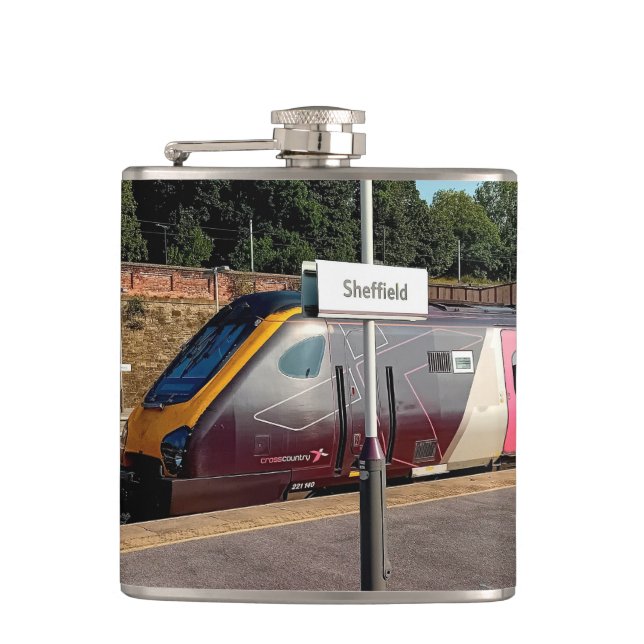 Maroon train hip flask (Front)