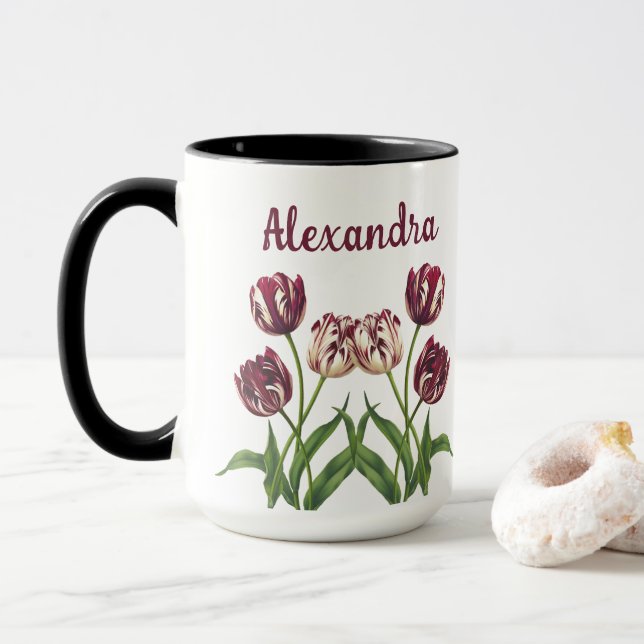 Maroon Tulips With Name Mug (With Donut)