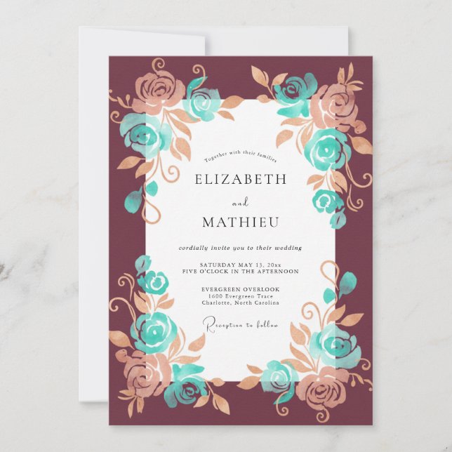 Maroon Turquoise Bloom Wedding Invitation (Front)