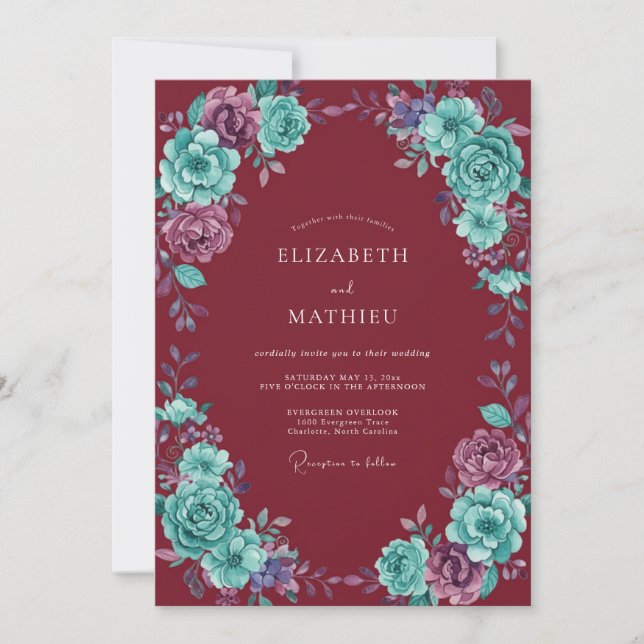 Maroon Turquoise Ranunculus Eucalyptus Wedding Invitation (Front)