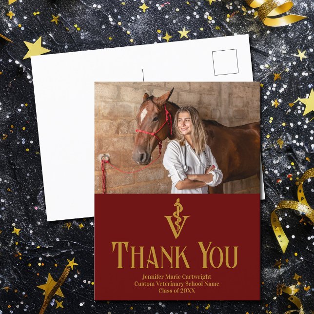 Maroon Veterinary School Graduate Photo Thank You Postcard (Creator Uploaded)