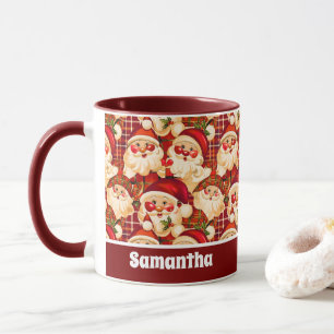Maroon Vintage Santa Claus Tartan Plaid Christmas Mug