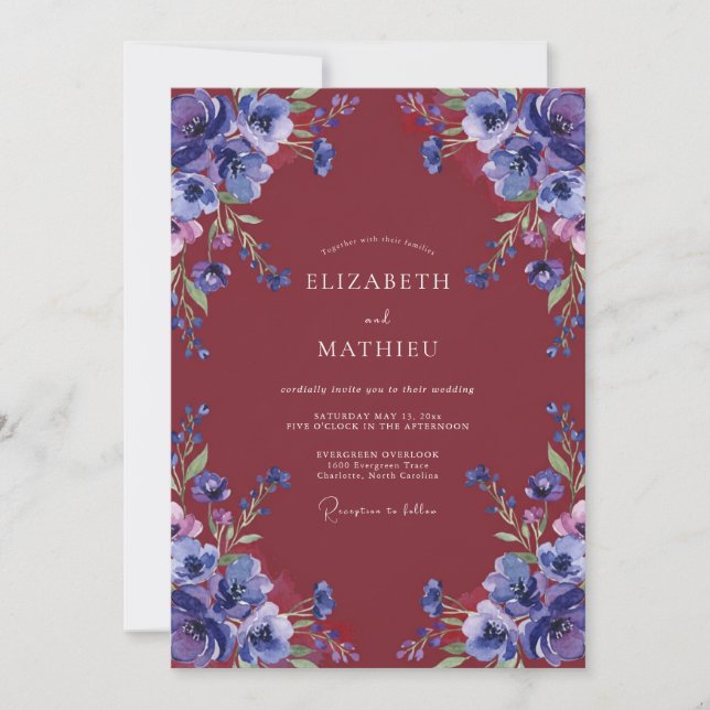 Maroon Violet Bloom Wedding Invitation (Front)