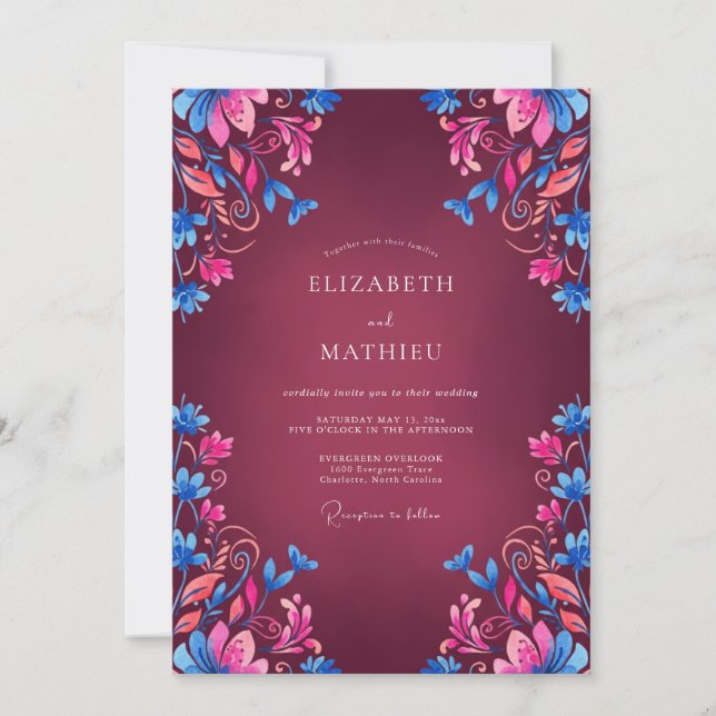 Maroon Vivid Bohemian Wedding Invitation (Front)