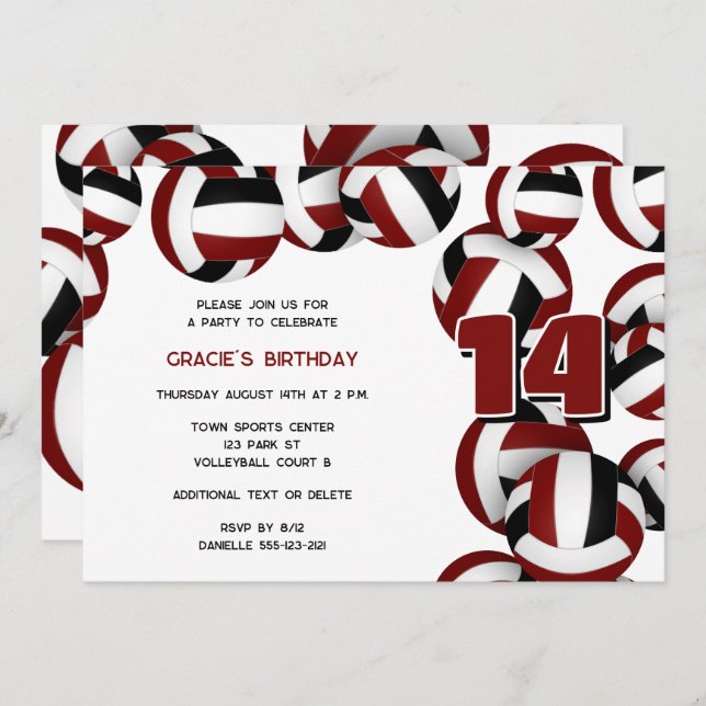 maroon volleyballs girls boys birthday party invitation (Front/Back)