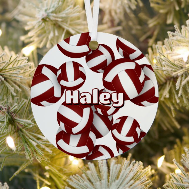 maroon volleyballs with athlete name keepsake metal tree decoration (Insitu)