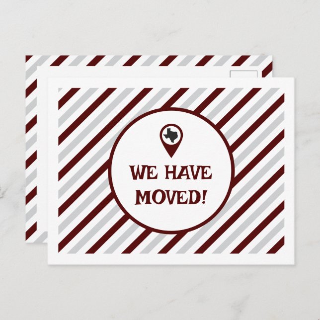 Maroon We Have Moved Striped Moving  Postcard (Front/Back)