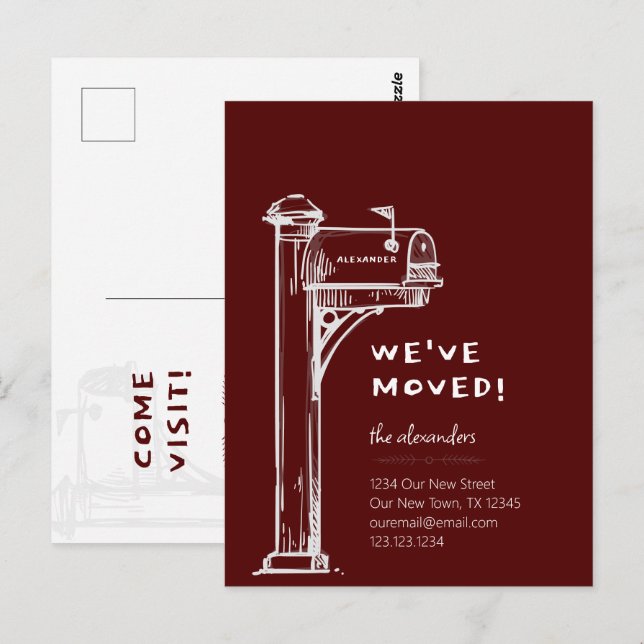 Maroon We've Moved Distressed Mailbox Moving Postcard (Front/Back)