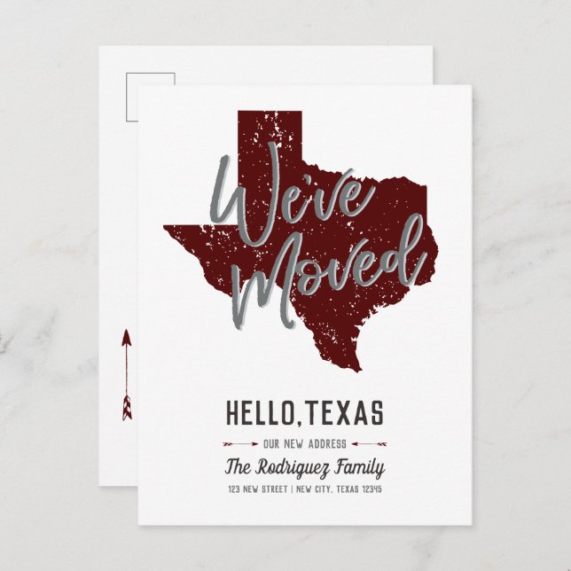 Maroon We've Moved - Texas Announcement Postcard (Front/Back)