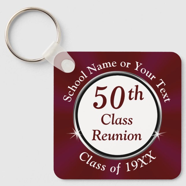 Maroon, White, 50th High School Reunion Souvenirs Key Ring (Front)